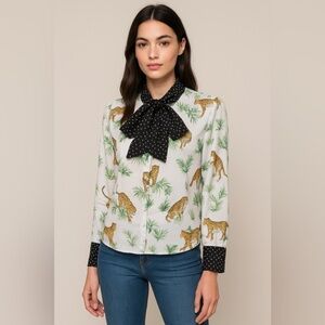 Neon Rose Leopard Print Bow Tie Blouse Women’s XS Polka Dot Contrast